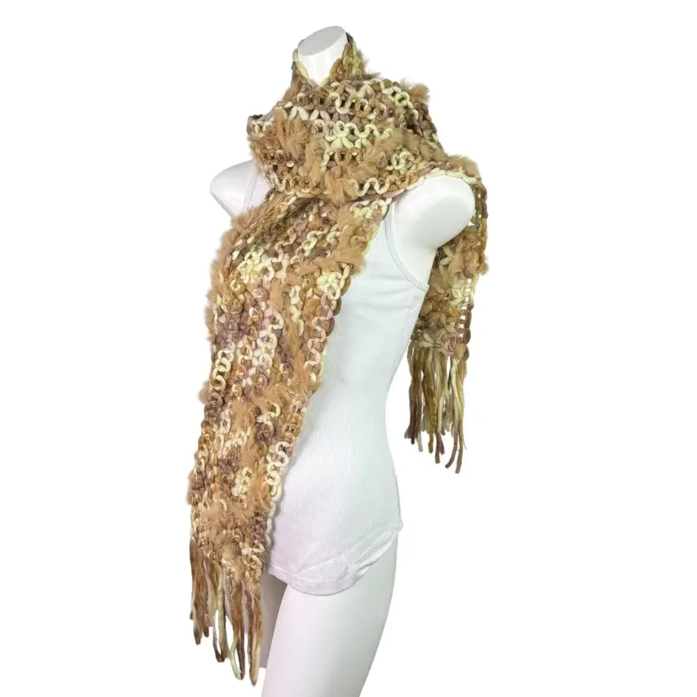 Pelle Nova Di Riviera Fur Fringe Knit Scarf Brown Tan Women's 75